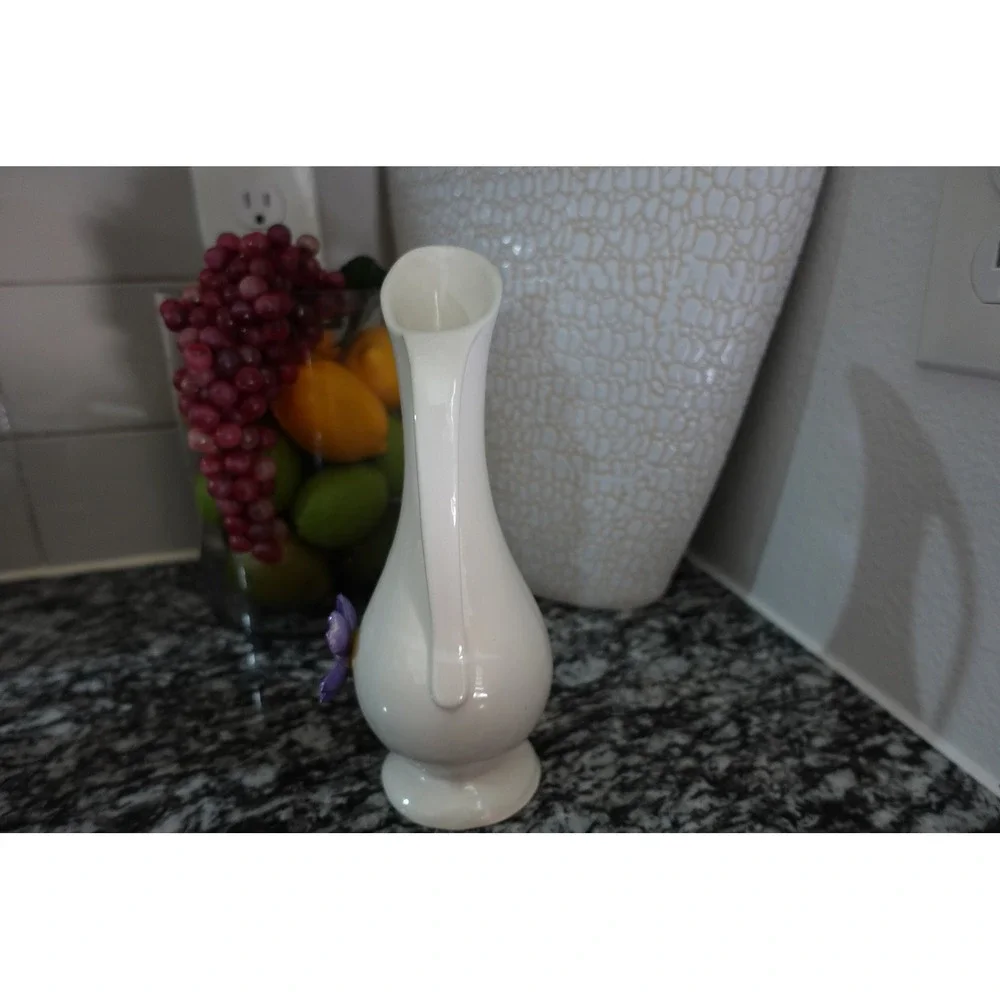 Vintage PF‎ White Ceramic Ewer Bud Vase Purple Applied Flower 8 Inch Pitcher